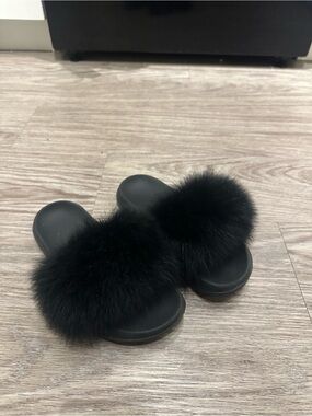 Black Faux Fur Slide Sandals